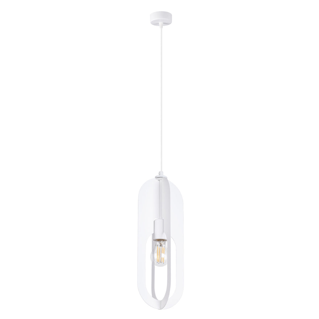 Suspension Nicus métal blanc E27, anneau ovale ouvert en acier blanc encadrant une ampoule apparente