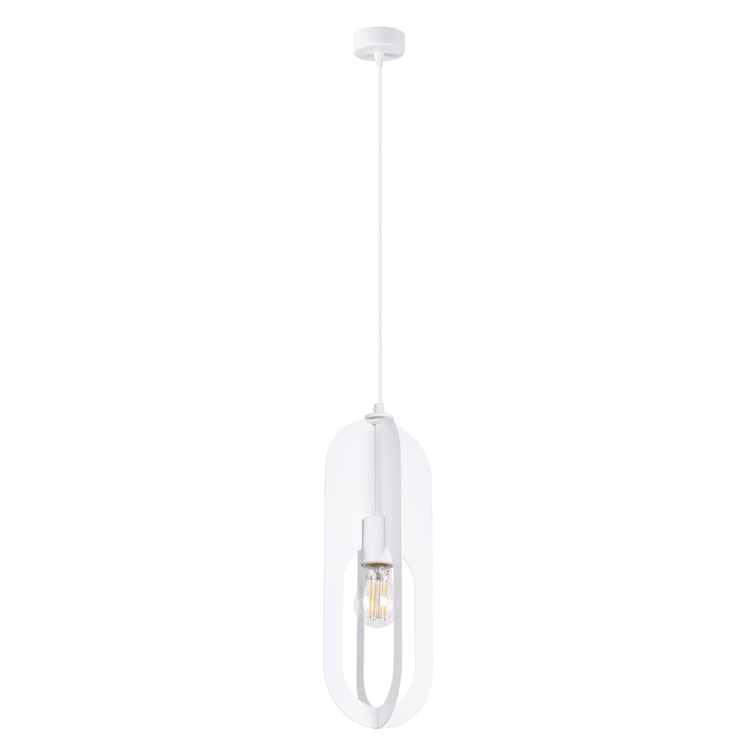 Suspension Nicus métal blanc E27, anneau ovale ouvert en acier blanc encadrant une ampoule apparente