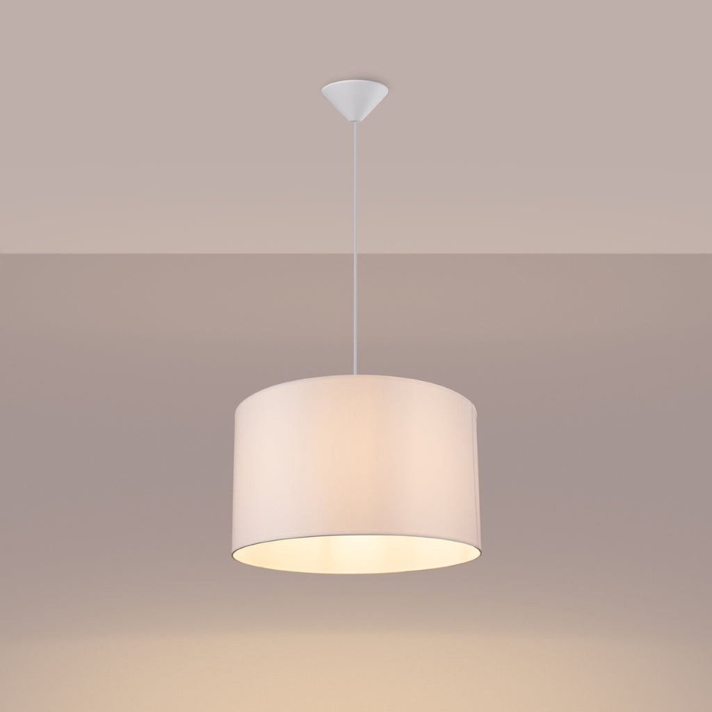 Suspension Nova 40 tissu blanc E27 allumée, lumière douce et tamisée