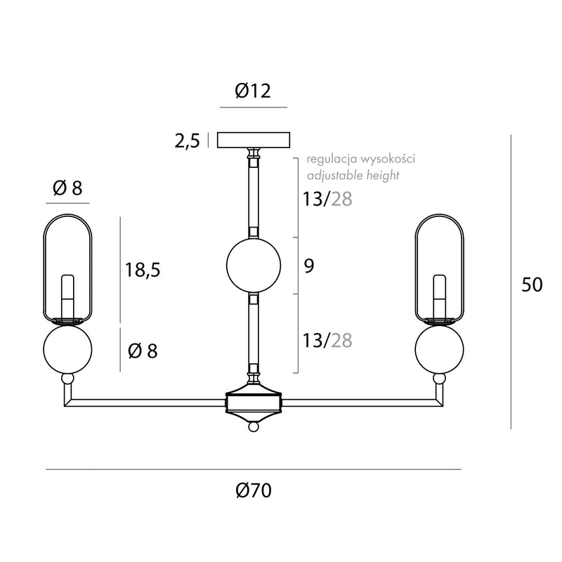 Dimensions Suspension Nova 7 lumières dorée G9