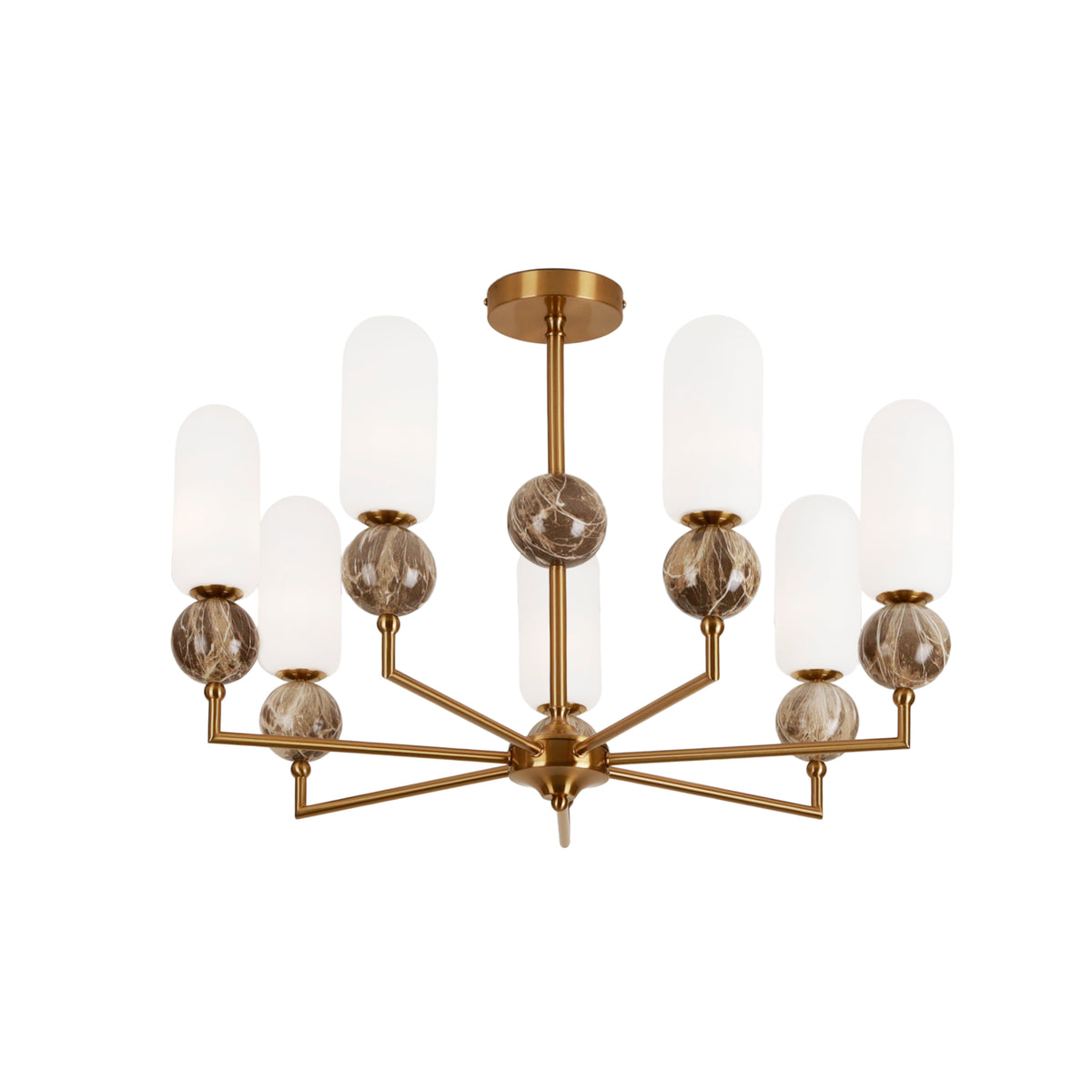 Suspension Nova 7 lumières Métal doré à sphères à motif marbré et tubes en verre opale