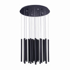 Suspension Organic Métal noir sur fond blanc rosace ronde à quatre spots et tubes mats à hauteurs décalées