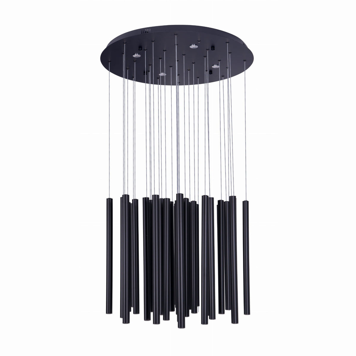 Suspension Organic Métal noir sur fond blanc rosace ronde à quatre spots et tubes mats à hauteurs décalées