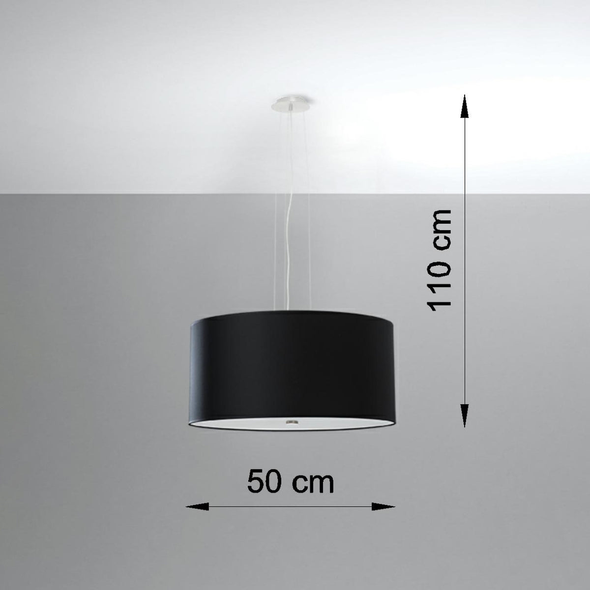 Suspension Otto tissu noir avec ses cotes diamètre 50 cm et hauteur totale 110 cm