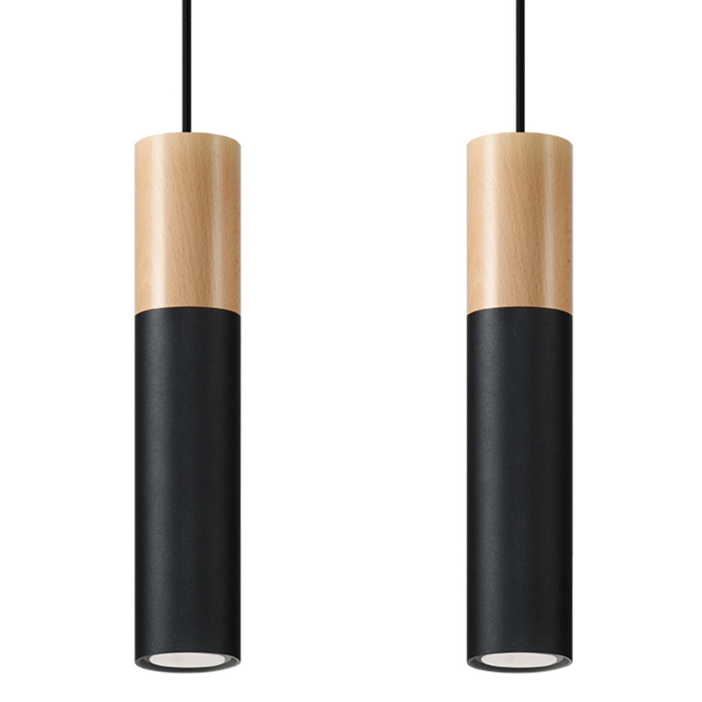 Suspension Pablo 2 acier noir et bois, deux spots cylindriques