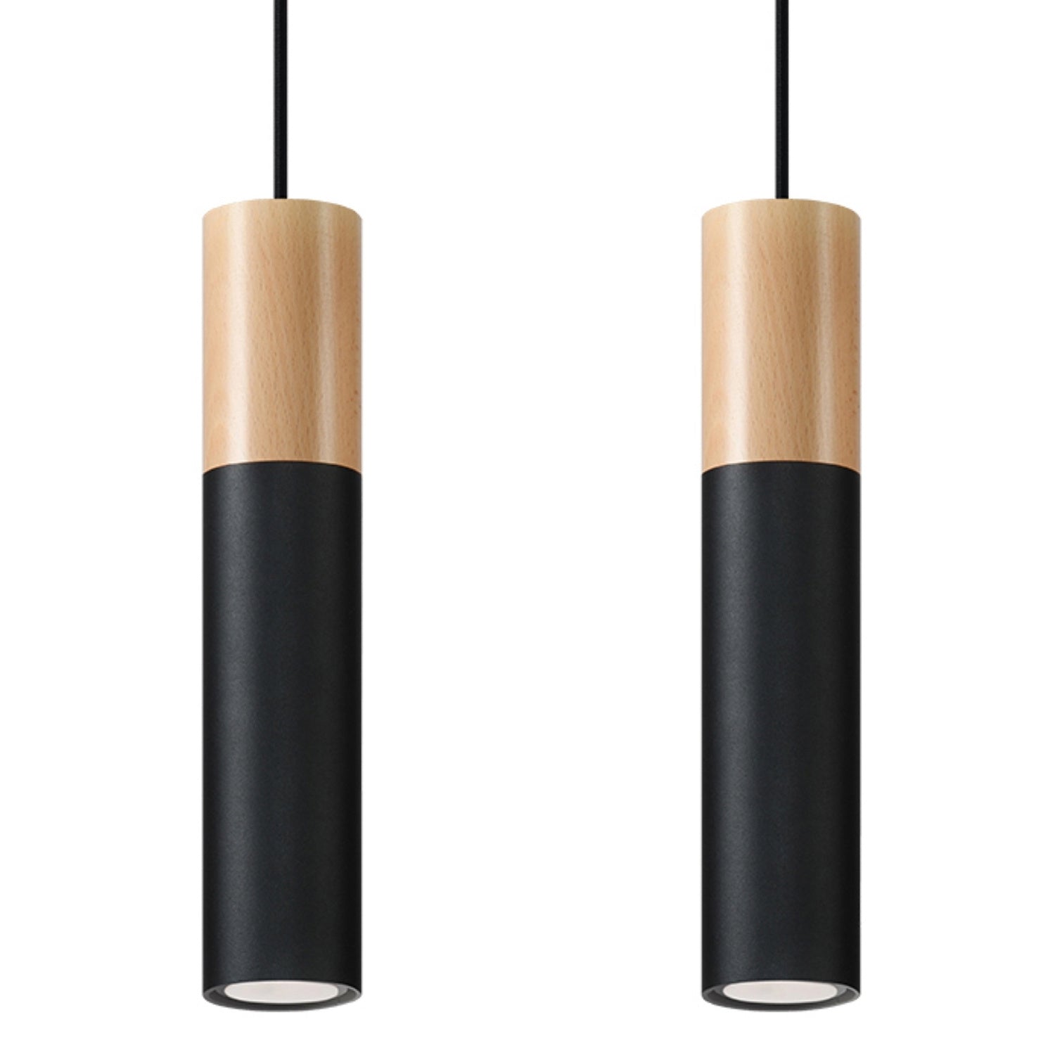 Suspension Pablo 2 acier noir et bois, deux spots cylindriques