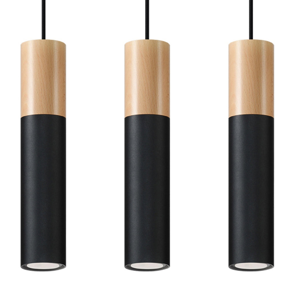 Suspension Pablo 3 acier noir et bois, trois spots cylindriques