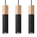 Suspension Pablo 3 acier noir et bois, trois spots cylindriques