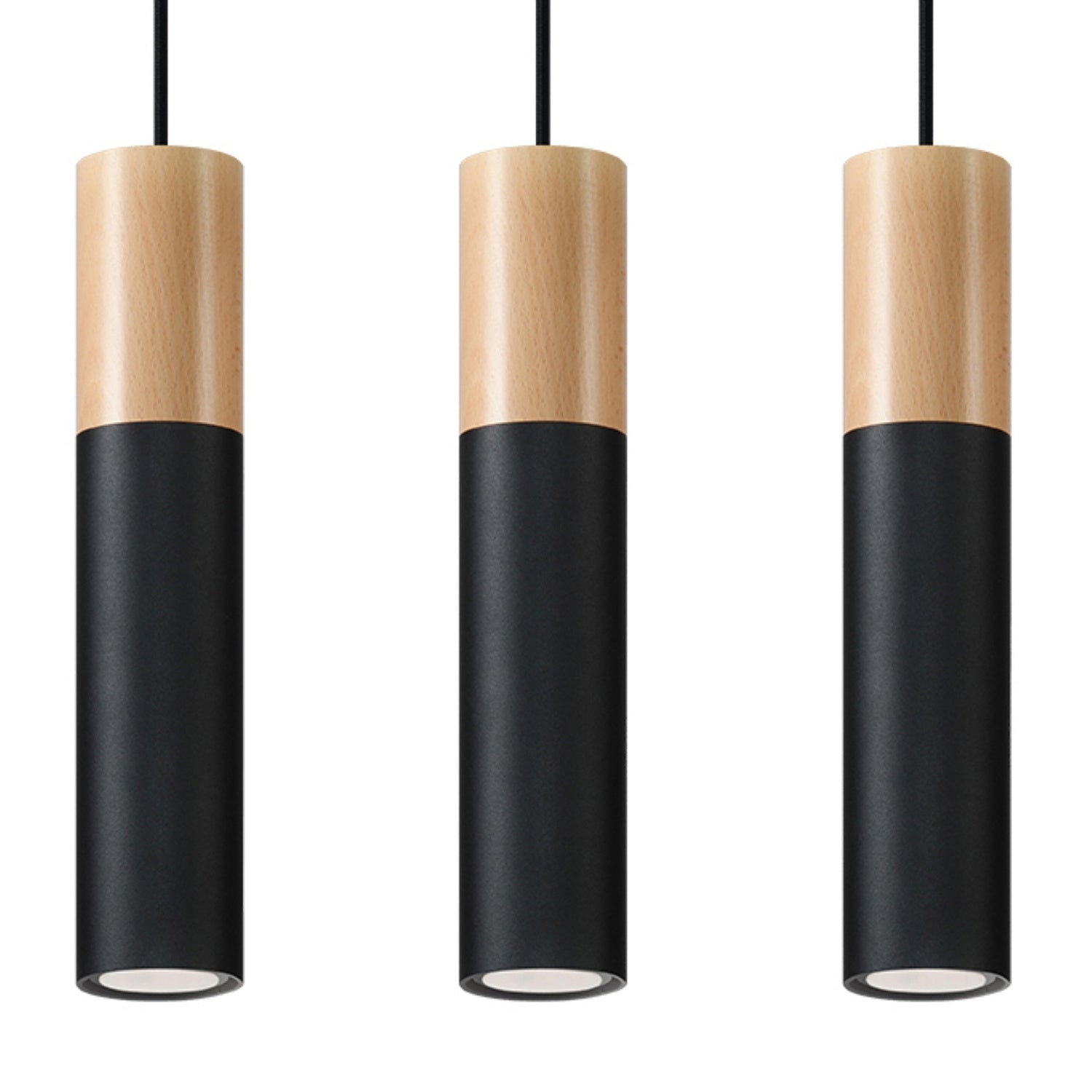 Suspension Pablo 3 acier noir et bois, trois spots cylindriques