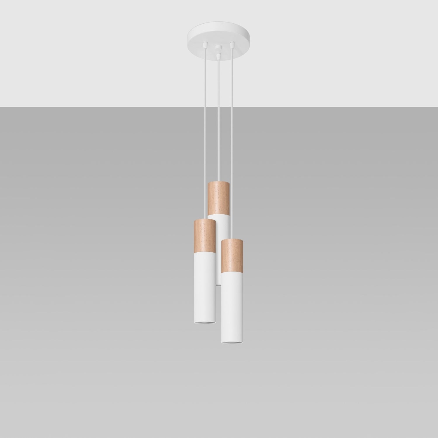 Suspension Pablo 3 en grappe acier blanc et bois, détail