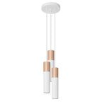 Suspension Pablo 3 en grappe acier blanc et bois, trois tubes bicolores bois et acier blanc en grappe