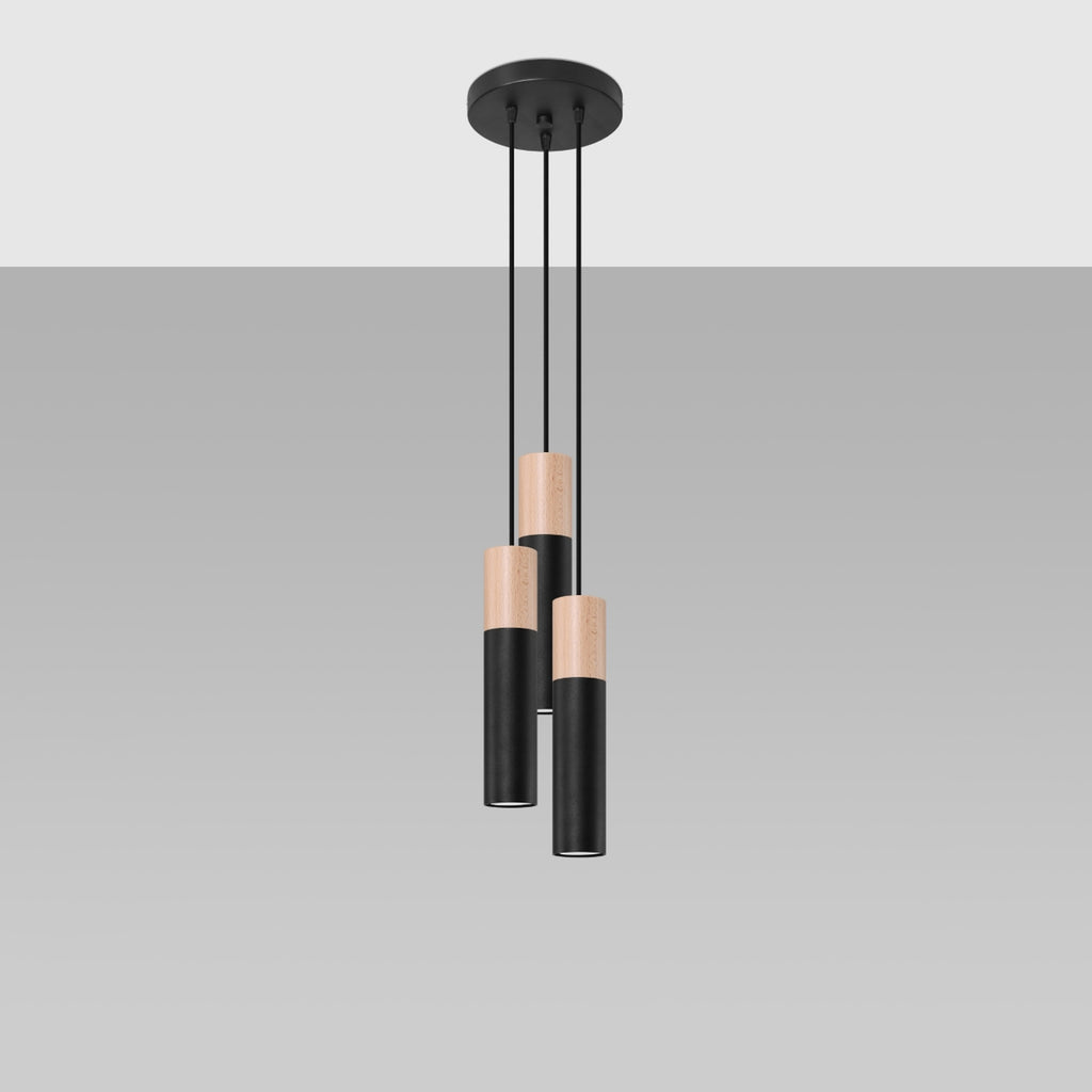 Suspension Pablo 3 en grappe acier noir et bois, détail