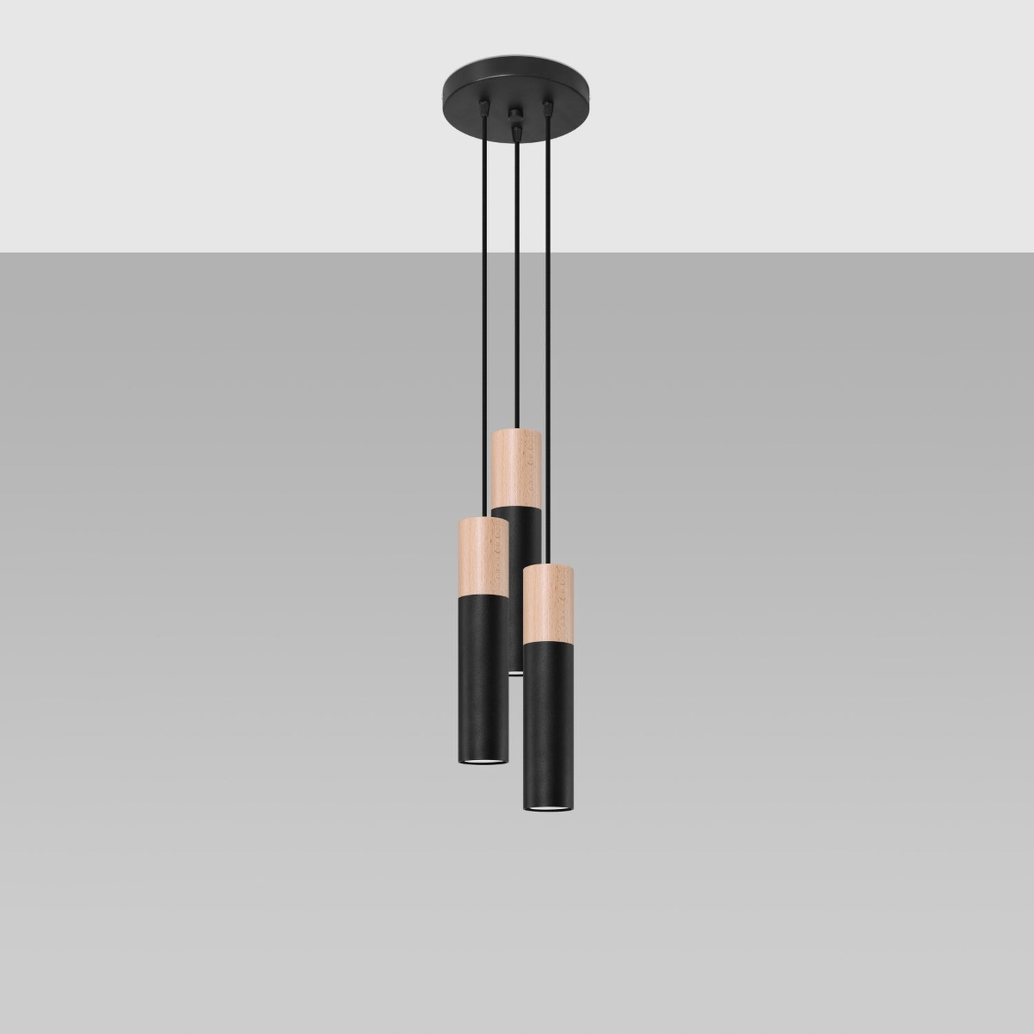 Suspension Pablo 3 en grappe acier noir et bois, détail