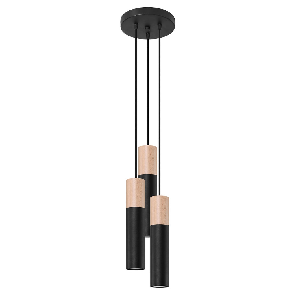 Suspension Pablo 3 en grappe acier noir et bois, trois tubes bicolores bois et acier noir en grappe
