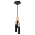 Suspension Pablo 3 en grappe acier noir et bois, trois tubes bicolores bois et acier noir en grappe