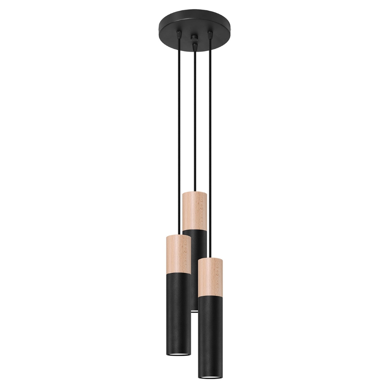 Suspension Pablo 3 en grappe acier noir et bois, trois tubes bicolores bois et acier noir en grappe
