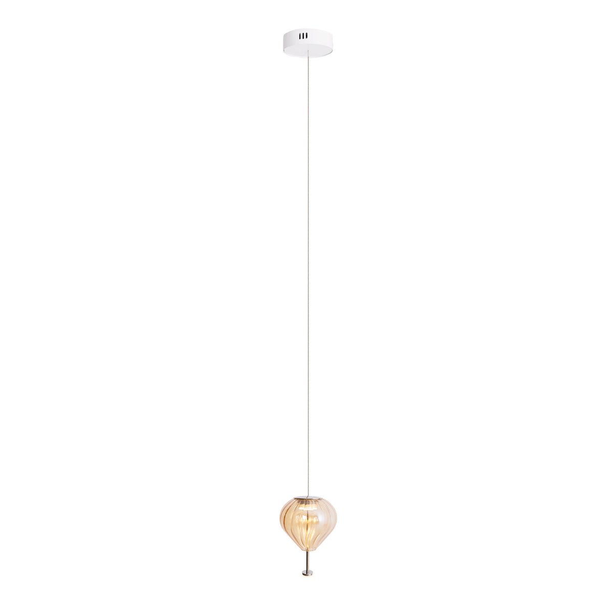 Suspension Palloncini I verre ambré détourée sur son câble fin sous une rosace ronde blanche