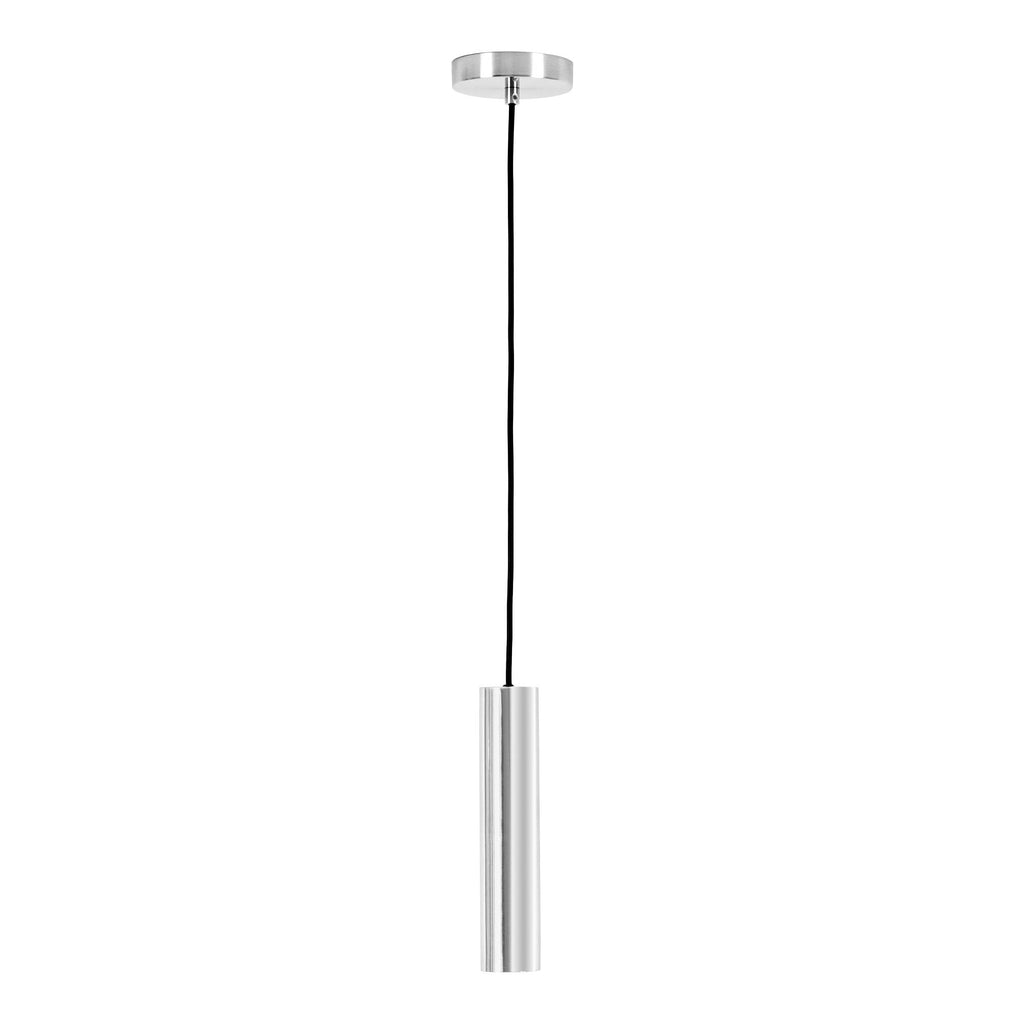 Suspension Paris cylindrique en acier argenté poli avec câble textile noir, fond blanc