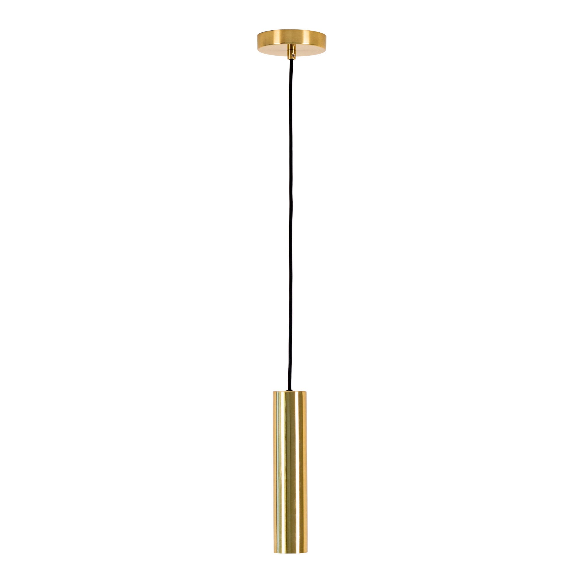 Suspension Paris laiton doré cylindre métal acier, câble textile noir, fond blanc
