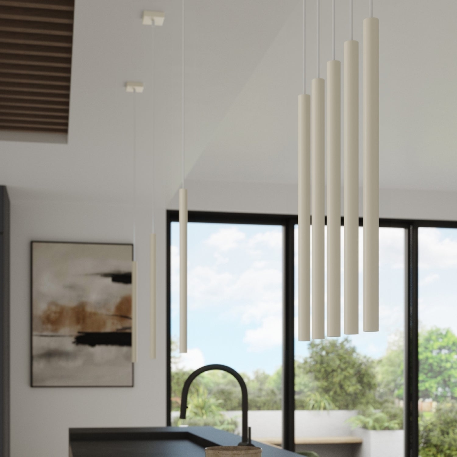 Suspension Pastelo 2 tubes fins beige G9 en situation dans un intérieur