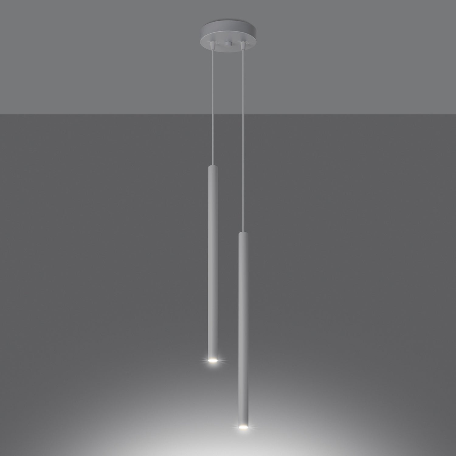 Suspension Pastelo 2 tubes fins blanc G9 allumée, faisceaux vers le bas