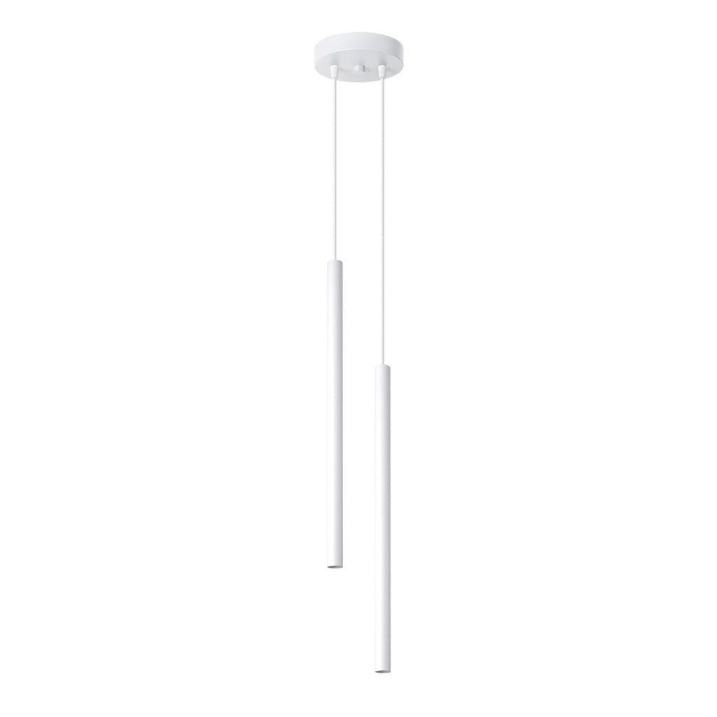 Suspension Pastelo 2 tubes fins blanc G9, deux fins tubes d'acier laqué blanc en cascade sur une rosace ronde