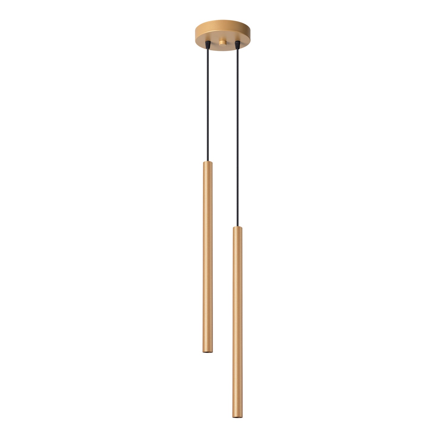 Suspension Pastelo 2 tubes fins doré G9, deux fins tubes d'acier laqué doré en cascade sur une rosace ronde