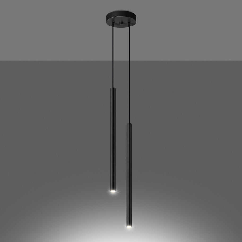Suspension Pastelo 2 tubes fins noir G9 allumée, faisceaux vers le bas