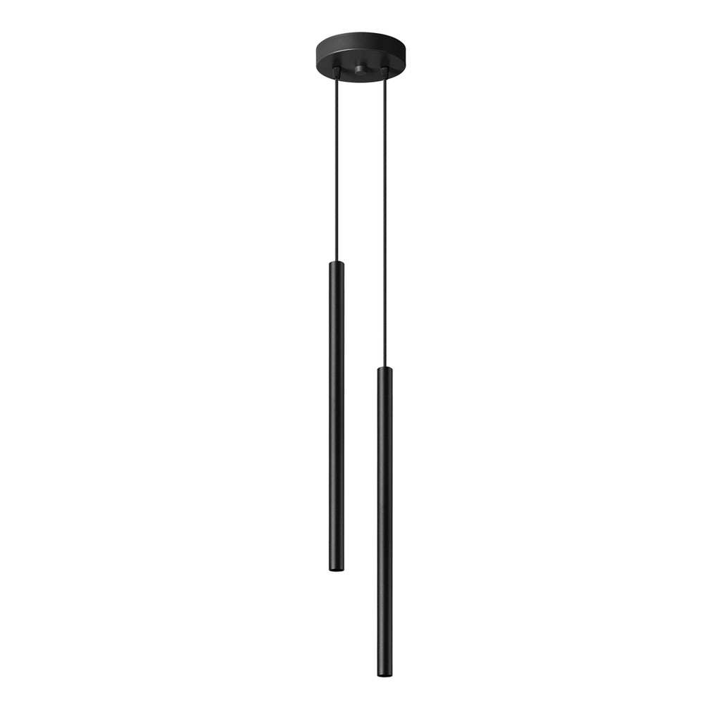 Suspension Pastelo 2 tubes fins noir G9, deux fins tubes d'acier laqué noir en cascade sur une rosace ronde