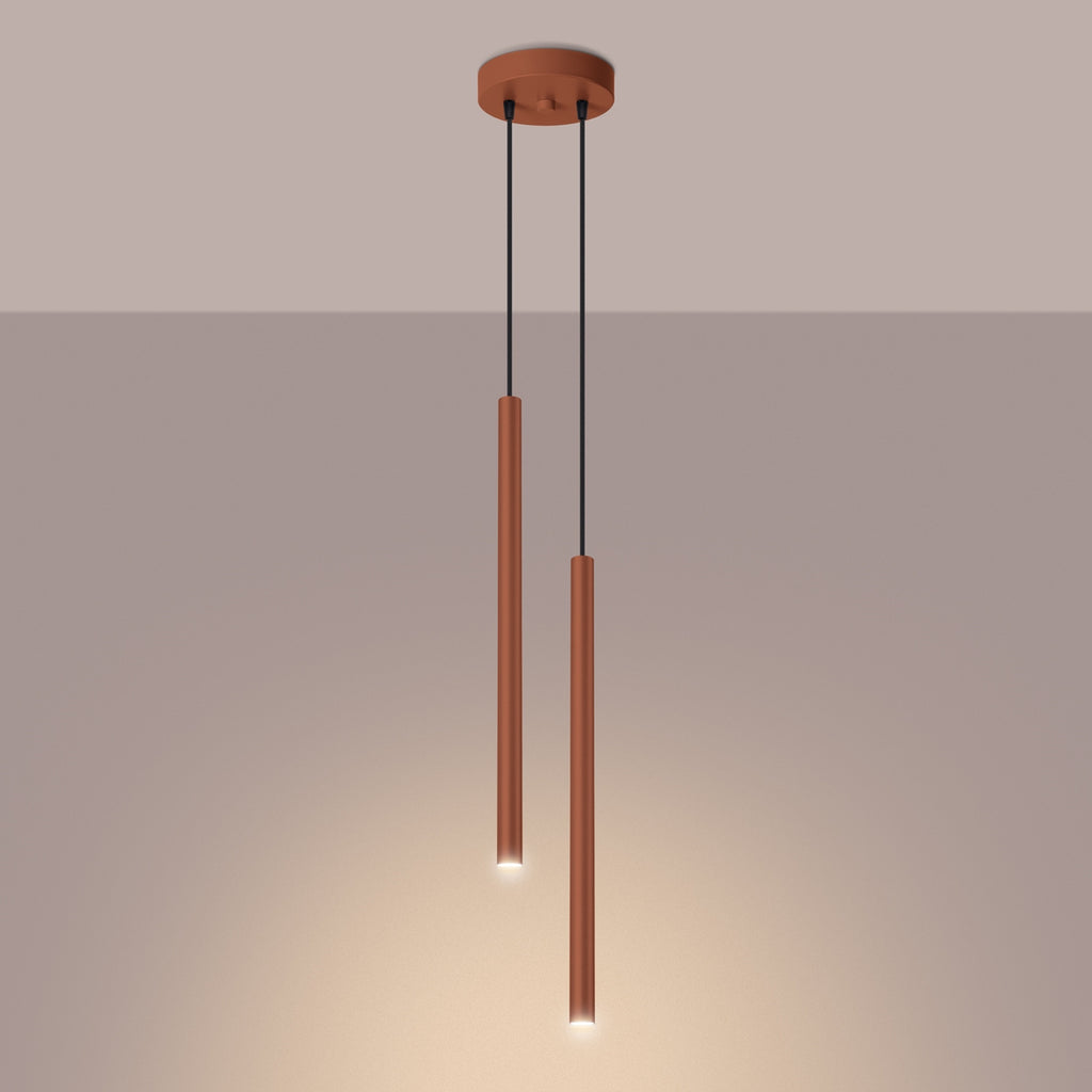 Suspension Pastelo 2 tubes fins rouge ocre G9 allumé