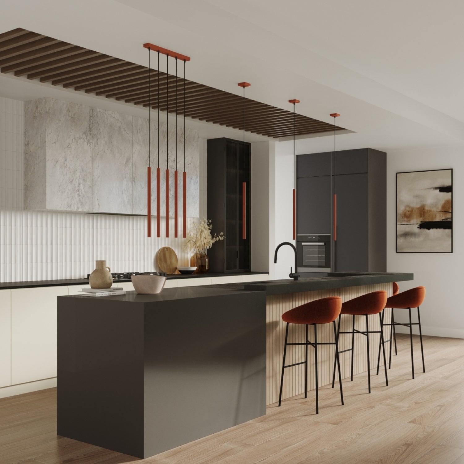 Suspension Pastelo 2 tubes fins rouge ocre G9, ambiance chaleureuse