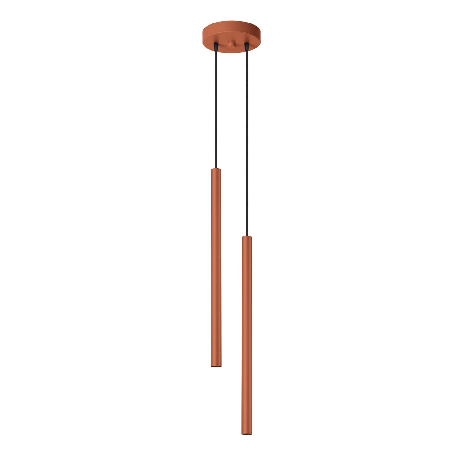 Suspension Pastelo 2 tubes fins rouge ocre G9, fin tube effilé en acier laqué