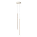 Suspension Pastelo en laque beige à deux tubes fins décalés sous une rosace ronde avec câbles transparents sur fond blanc