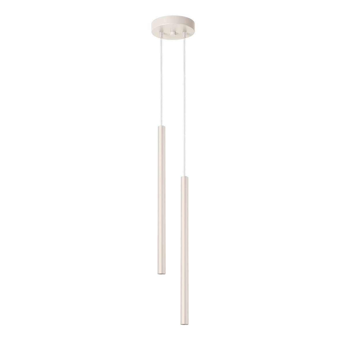 Suspension Pastelo en laque beige à deux tubes fins décalés sous une rosace ronde avec câbles transparents sur fond blanc