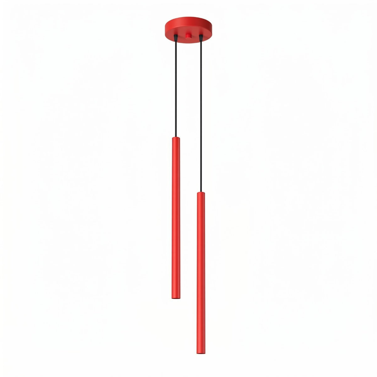 Suspension Pastelo en laque rouge à deux tubes fins décalés sous une rosace ronde avec câbles noirs sur fond blanc