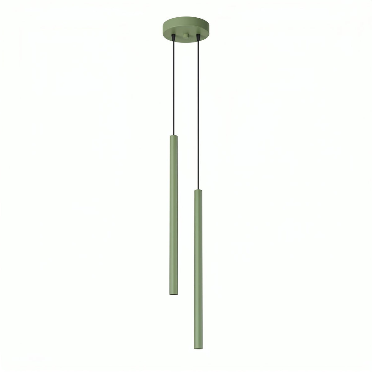 Suspension Pastelo en laque vert sauge à deux tubes fins décalés sous une rosace ronde avec câbles noirs sur fond blanc