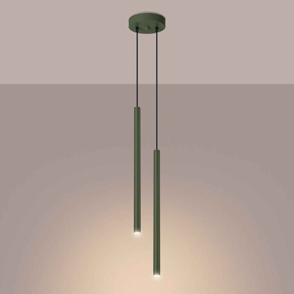 Suspension Pastelo 2 tubes fins vert olive G9 allumé