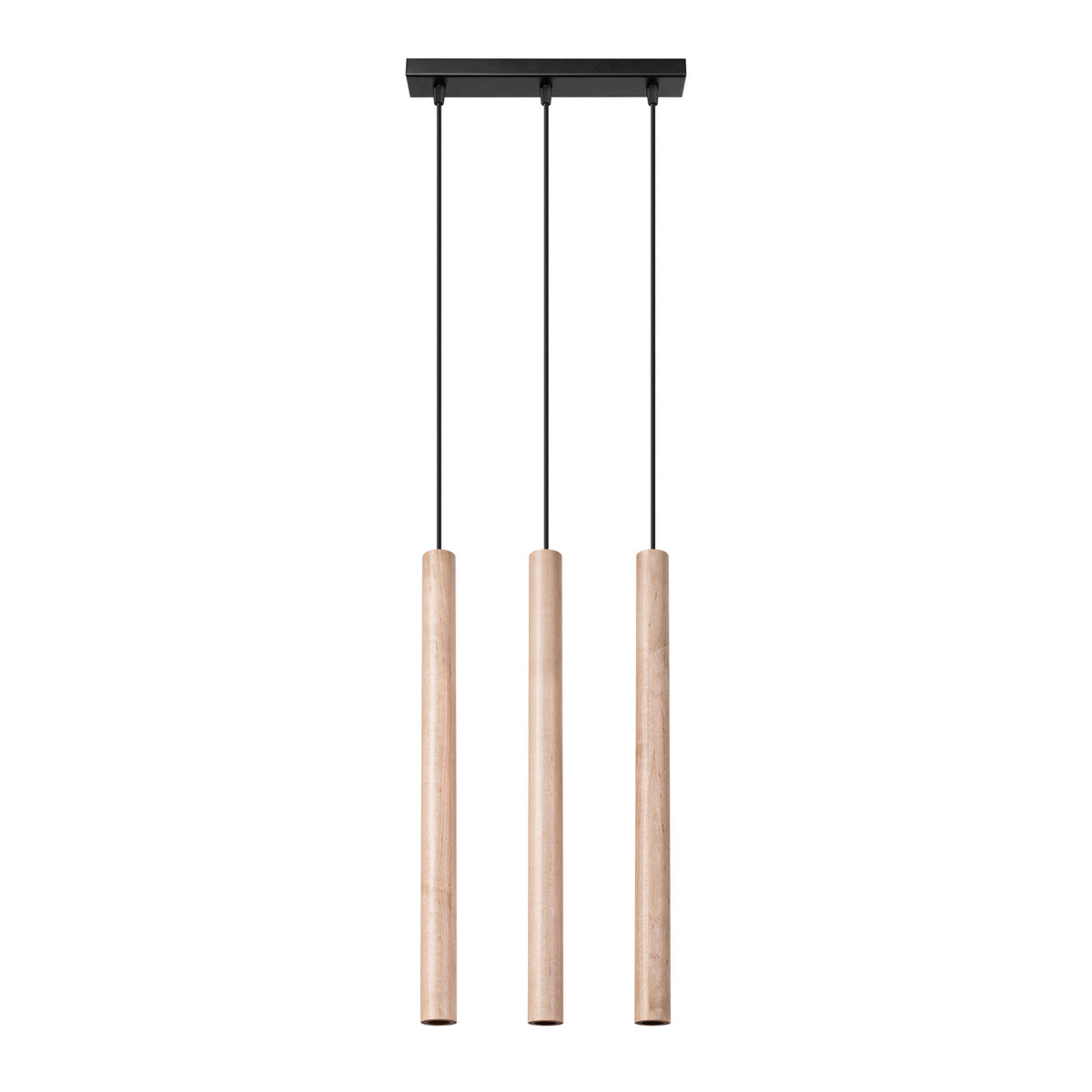 Suspension Pastelo Bois clair trois tubes larges alignés sous une barre de plafond noire