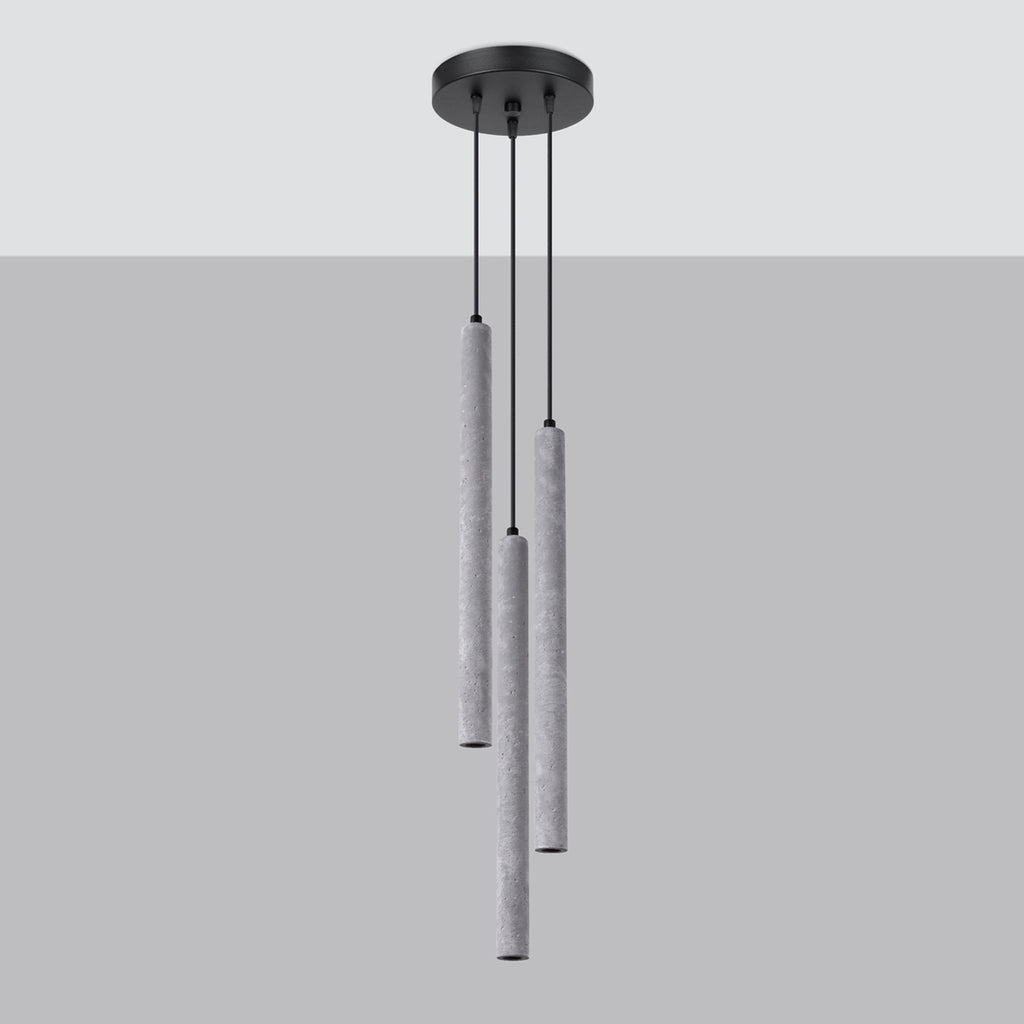 Suspension Pastelo 3 en grappe tubes fins béton gris G9 de profil