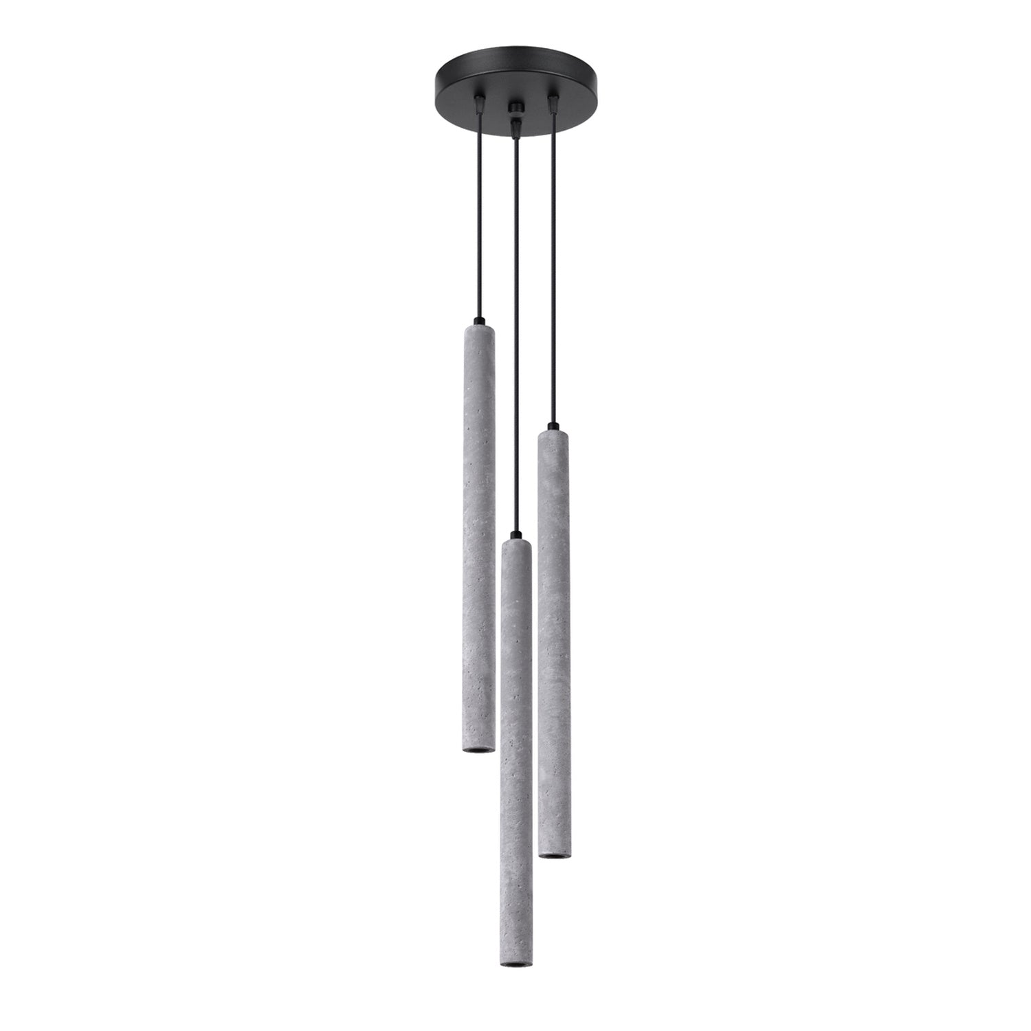 Suspension Pastelo 3 en grappe tubes fins béton gris G9, trois fins tubes de béton gris brut en grappe sur une rosace ronde