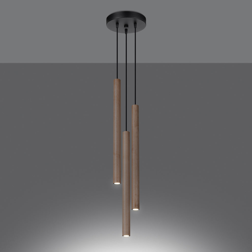 Suspension Pastelo 3 en grappe tubes fins bois G9 allumée, faisceau vers le bas