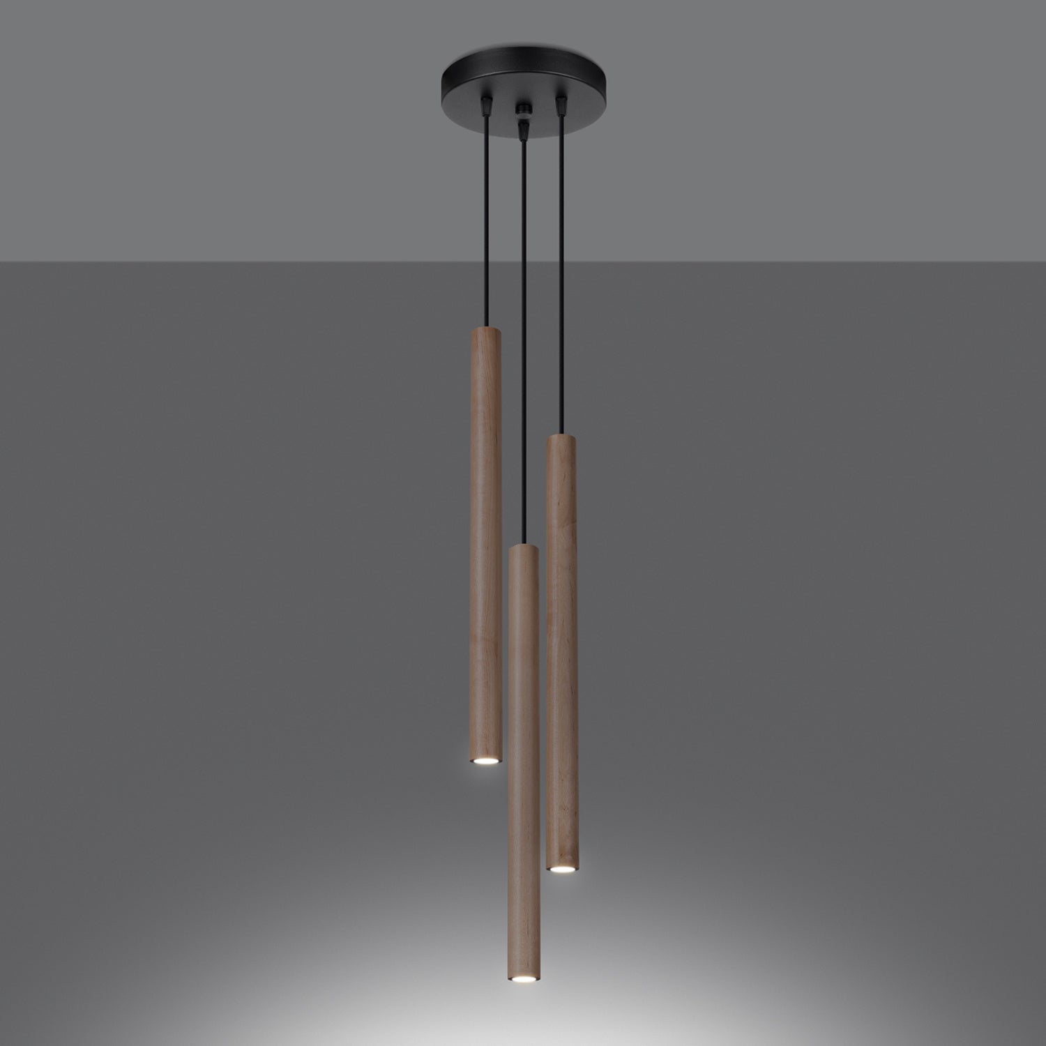 Suspension Pastelo 3 en grappe tubes fins bois G9 allumée, faisceau vers le bas