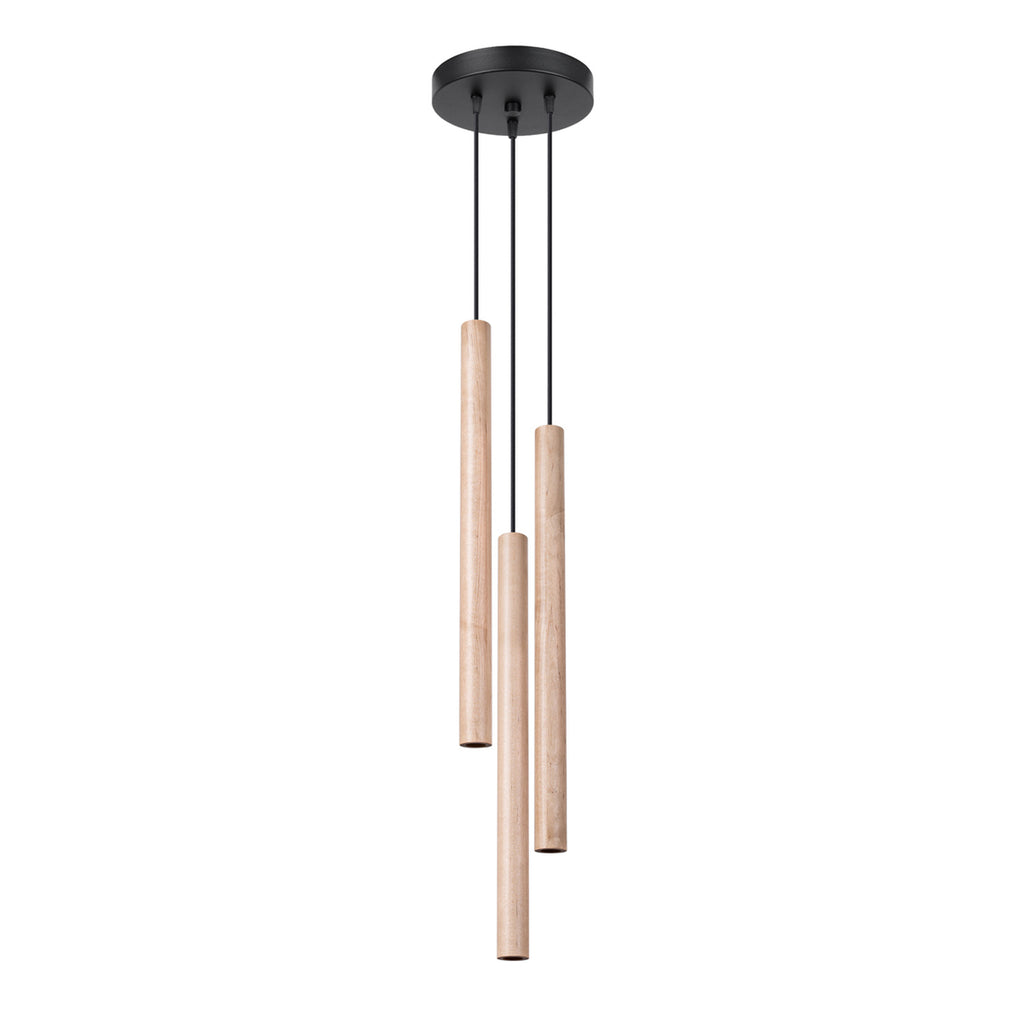 Suspension Pastelo 3 en grappe tubes fins bois G9, trois fins tubes de bois naturel en grappe sur une rosace ronde