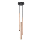 Suspension Pastelo 3 en grappe tubes fins bois G9, trois fins tubes de bois naturel en grappe sur une rosace ronde