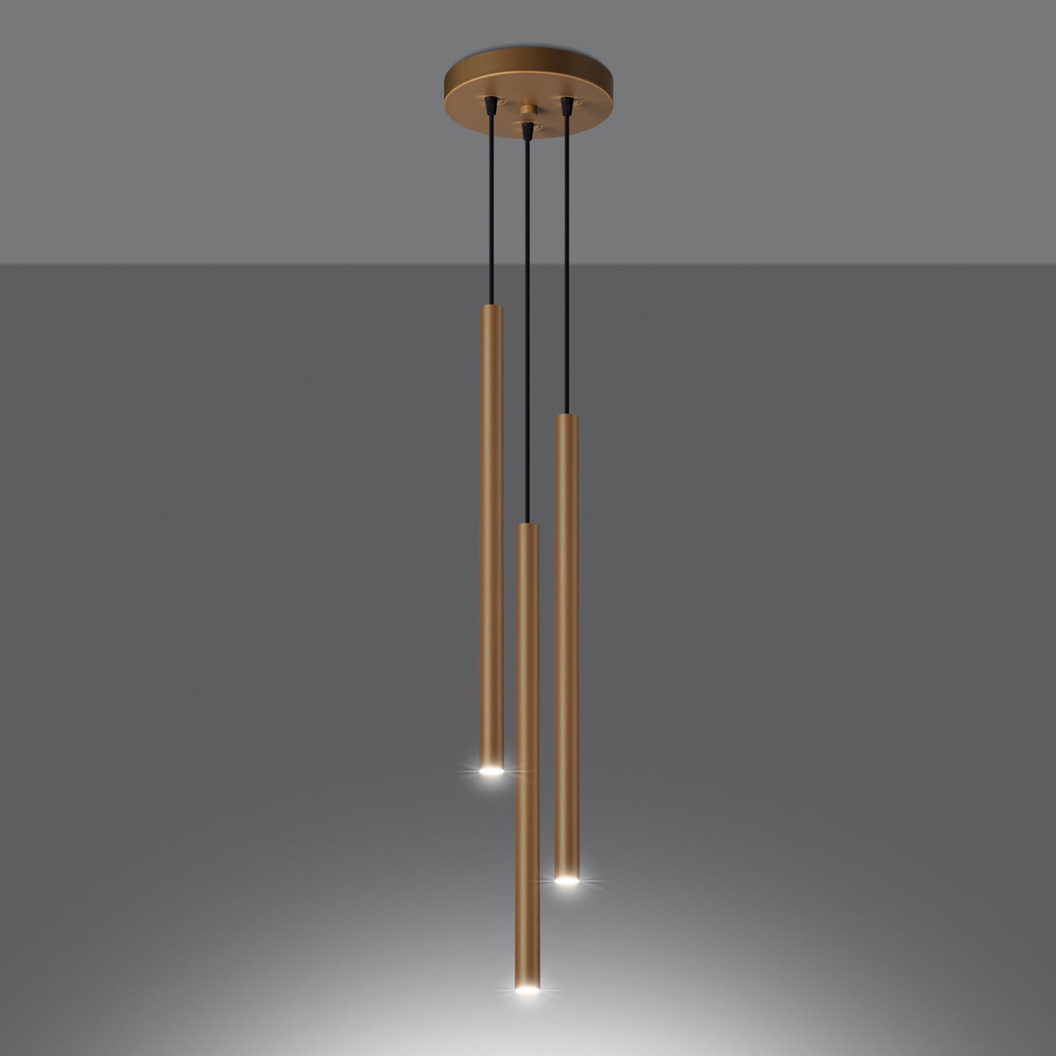 Suspension Pastelo 3 en grappe tubes fins doré G9 allumée, faisceau vers le bas