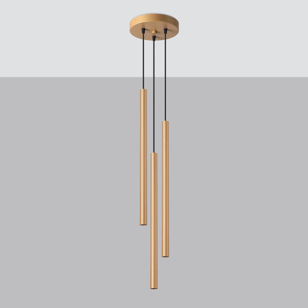 Suspension Pastelo 3 en grappe tubes fins doré G9 de profil