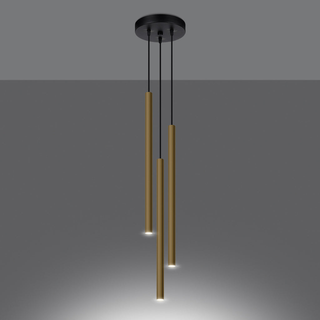 Suspension Pastelo 3 en grappe tubes fins doré poli G9 allumée, faisceau vers le bas