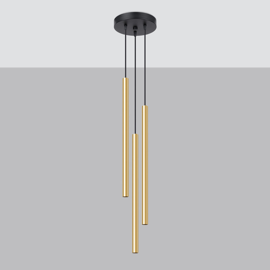 Suspension Pastelo 3 en grappe tubes fins doré poli G9 de profil