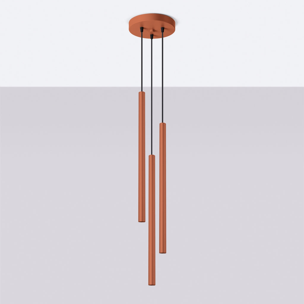 Suspension Pastelo 3 en grappe tubes fins rouge ocre G9 de profil