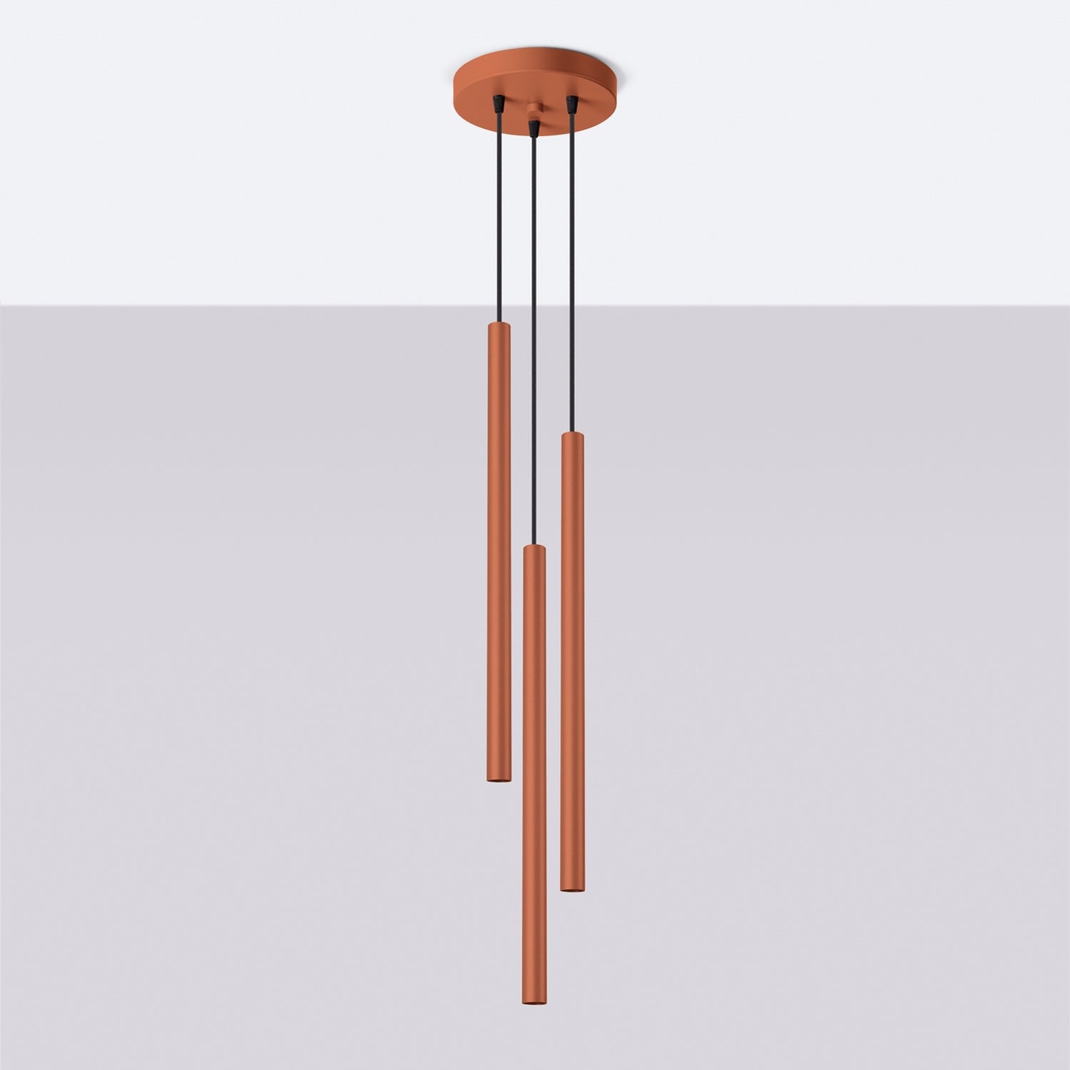 Suspension Pastelo 3 en grappe tubes fins rouge ocre G9 de profil